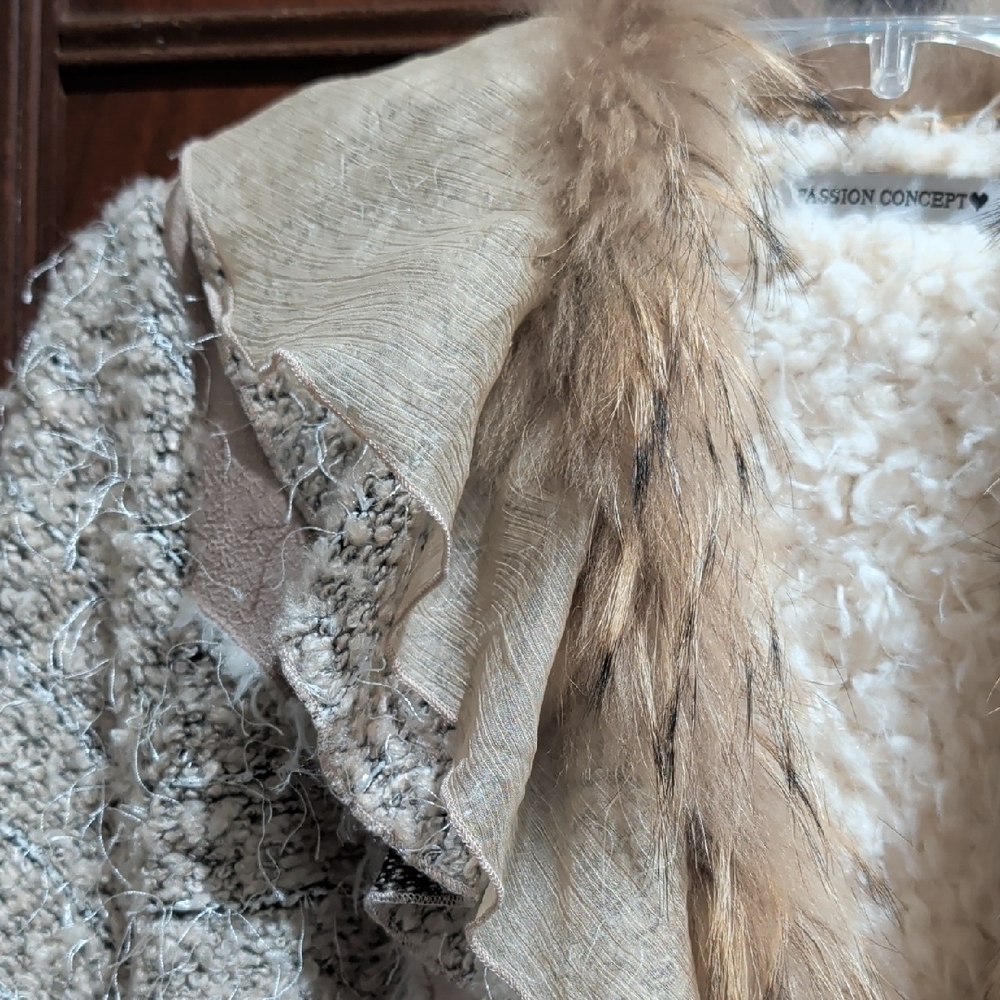 Textured Beige & Blush Ruffle Blazer with Faux Fur Trim - Picture 3 of 14